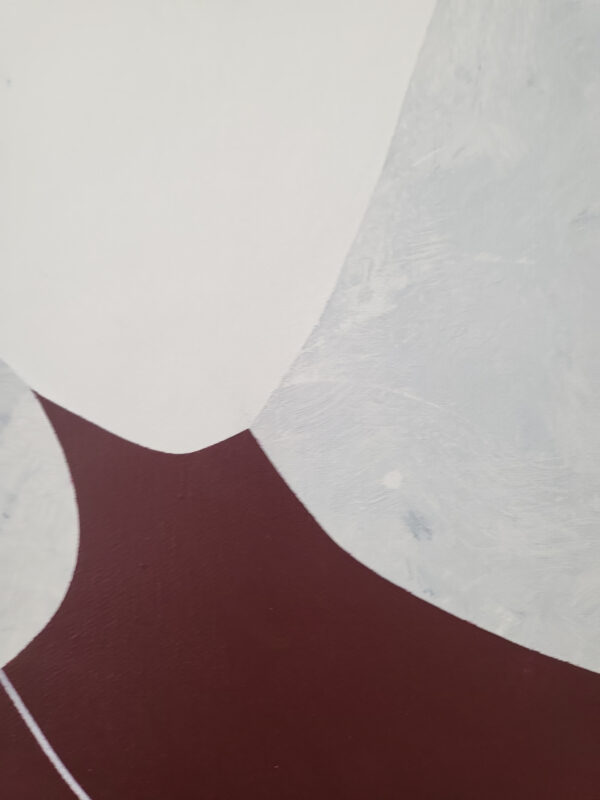 Close-up of abstract minimalist painting with faceless silhouettes in geometric hard-edge style symbolizing couple connection, contemporary art by Veronika Obushikhina