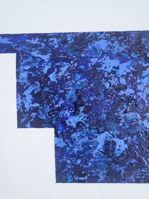 Strain 3 — minimal abstract painting with blue and turquoise geometric shapes and multiple vertical black dripping lines on a white background