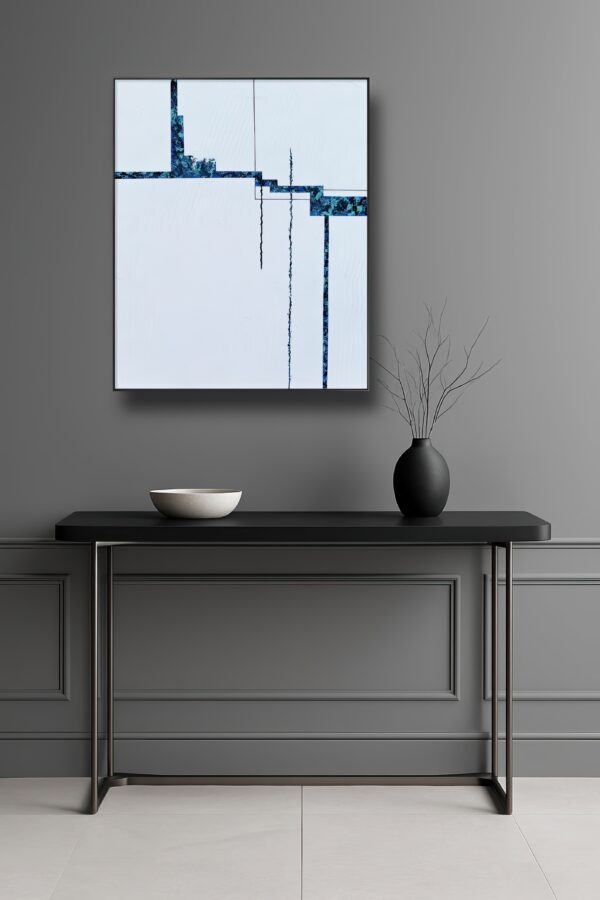 Strain-5-minimal-abstract-painting-blue-geometric-lines-interior.jpg Strain 5 — minimalist abstract painting with blue textured geometric blocks and vertical black lines on a white background interior