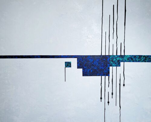 Strain 3 — minimal abstract painting with blue and turquoise geometric shapes and multiple vertical black dripping lines on a white background