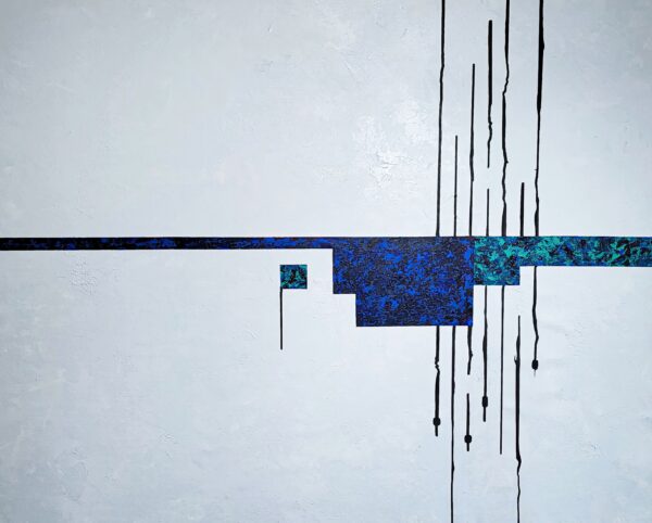 Strain 3 — minimal abstract painting with blue and turquoise geometric shapes and multiple vertical black dripping lines on a white background