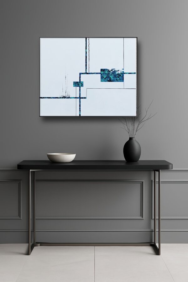 Linear Strain 4 — minimal abstract geometric painting with blue textured rectangular forms and fine black lines on a white background interior