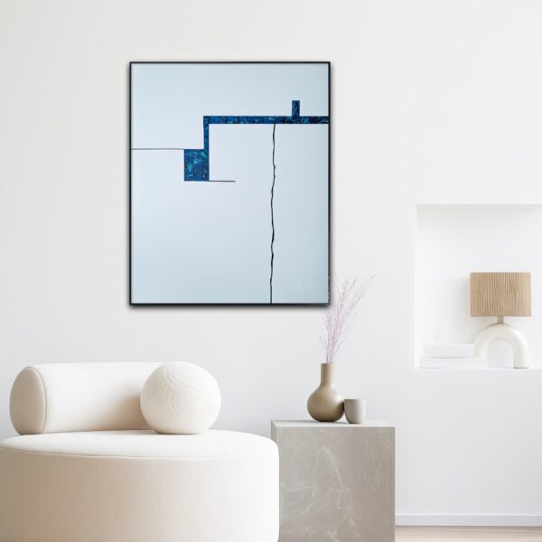 Linear Strain 2 — minimal abstract painting with blue textured geometric shapes connected by a thin black vertical line on a white background interior