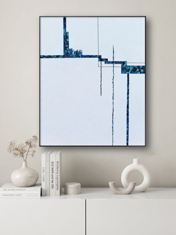 Strain-5-minimal-abstract-painting-blue-geometric-lines-interior.jpg Strain 5 — minimalist abstract painting with blue textured geometric blocks and vertical black lines on a white background interior