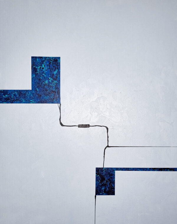 Minimal abstract painting with geometric blue textured shapes connected by thin black lines on a light background, contemporary art by Veronika Obushikhina