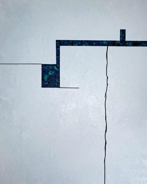 Strain 2 — minimal abstract painting with blue textured geometric shapes connected by a thin black vertical line on a white background