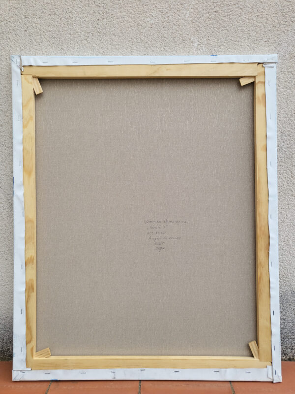 Strain-5-minimal-abstract-painting-blue-geometric-lines-back.jpg Strain 5 — minimalist abstract painting with blue textured geometric blocks and vertical black lines on a white background back