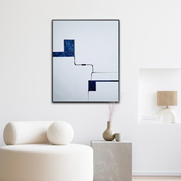 Strain 1 — minimal abstract painting with blue textured geometric elements and connecting black line on white background interior