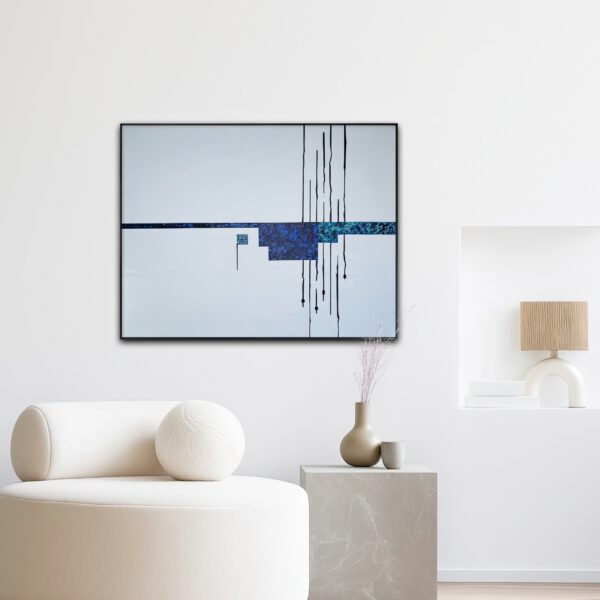 Strain 3 — minimal abstract painting with blue and turquoise geometric shapes and multiple vertical black dripping lines on a white background interior