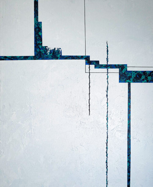 Strain 5 — minimalist abstract painting with blue textured geometric blocks and vertical black lines on a white background