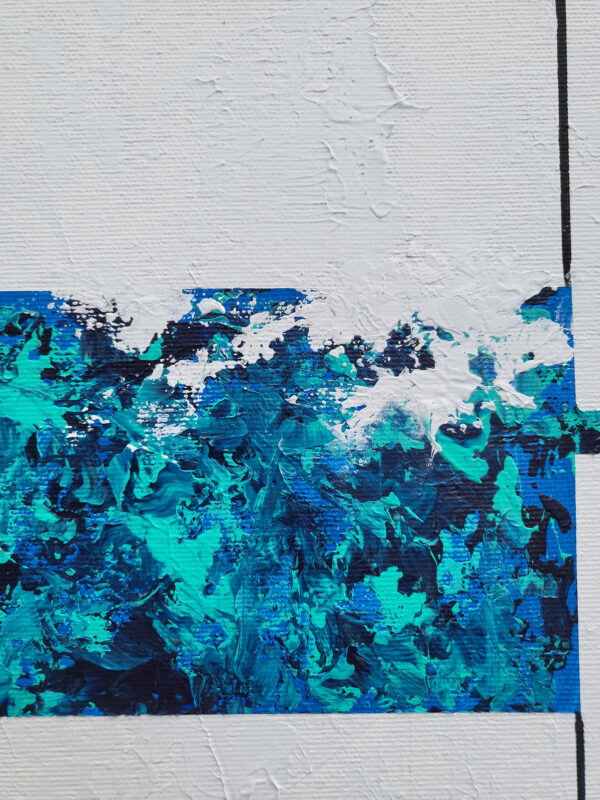 Strain 4 — minimal abstract geometric painting with blue textured rectangular forms and fine black lines on a white background details