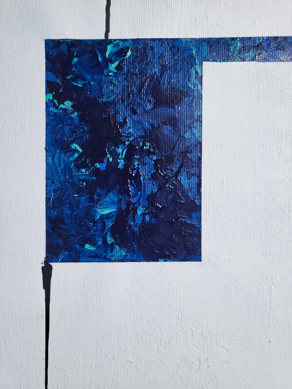 Strain 1 — minimal abstract painting with blue textured geometric elements and connecting black line on white background details