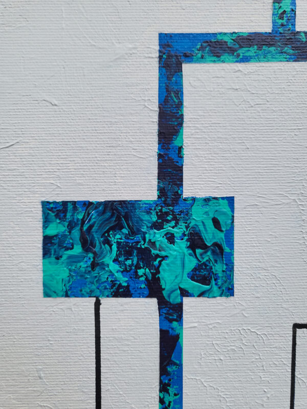 Strain 4 — minimal abstract geometric painting with blue textured rectangular forms and fine black lines on a white background details