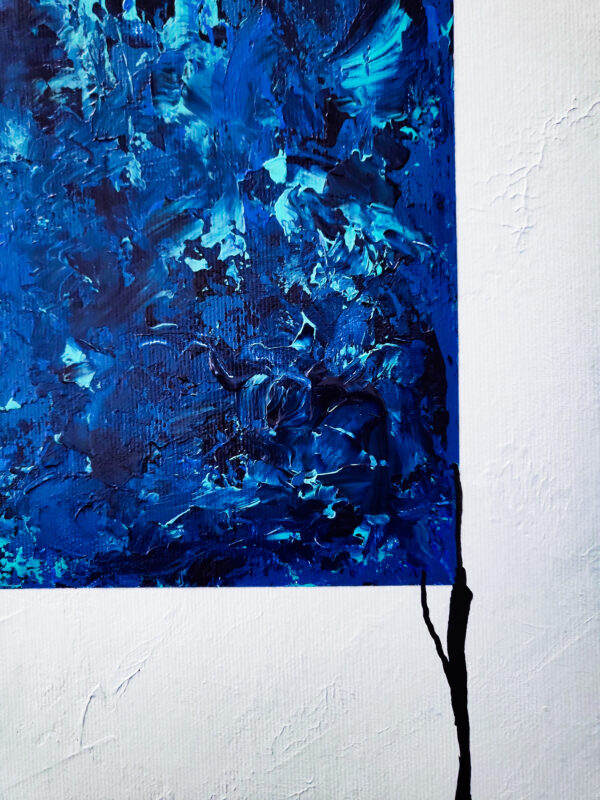 Strain 1 — minimal abstract painting with blue textured geometric elements and connecting black line on white background details