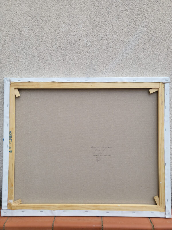 Strain 4 — minimal abstract geometric painting with blue textured rectangular forms and fine black lines on a white background back