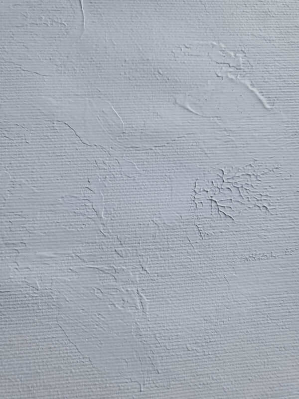 Strain 3 — minimal abstract painting with blue and turquoise geometric shapes and multiple vertical black dripping lines on a white background