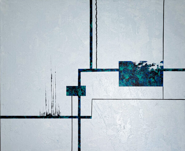 Strain 4 — minimal abstract geometric painting with blue textured rectangular forms and fine black lines on a white background