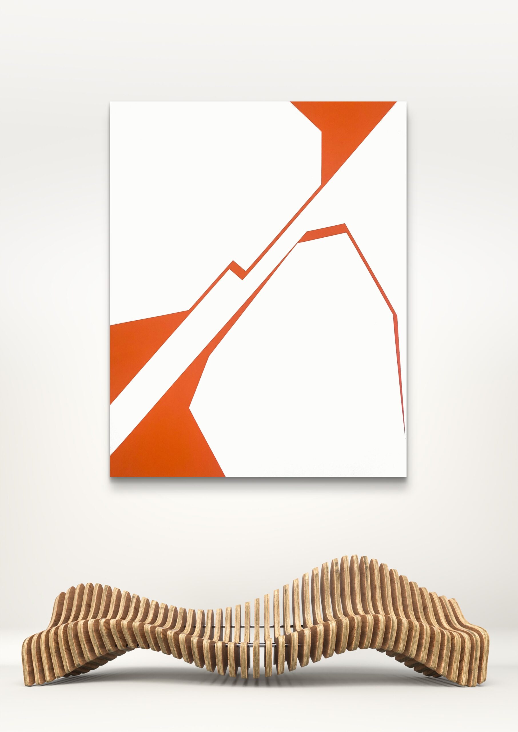 Minimalist abstract art in orange and white by Veronika Obushikhina hanging above a modern wooden bench