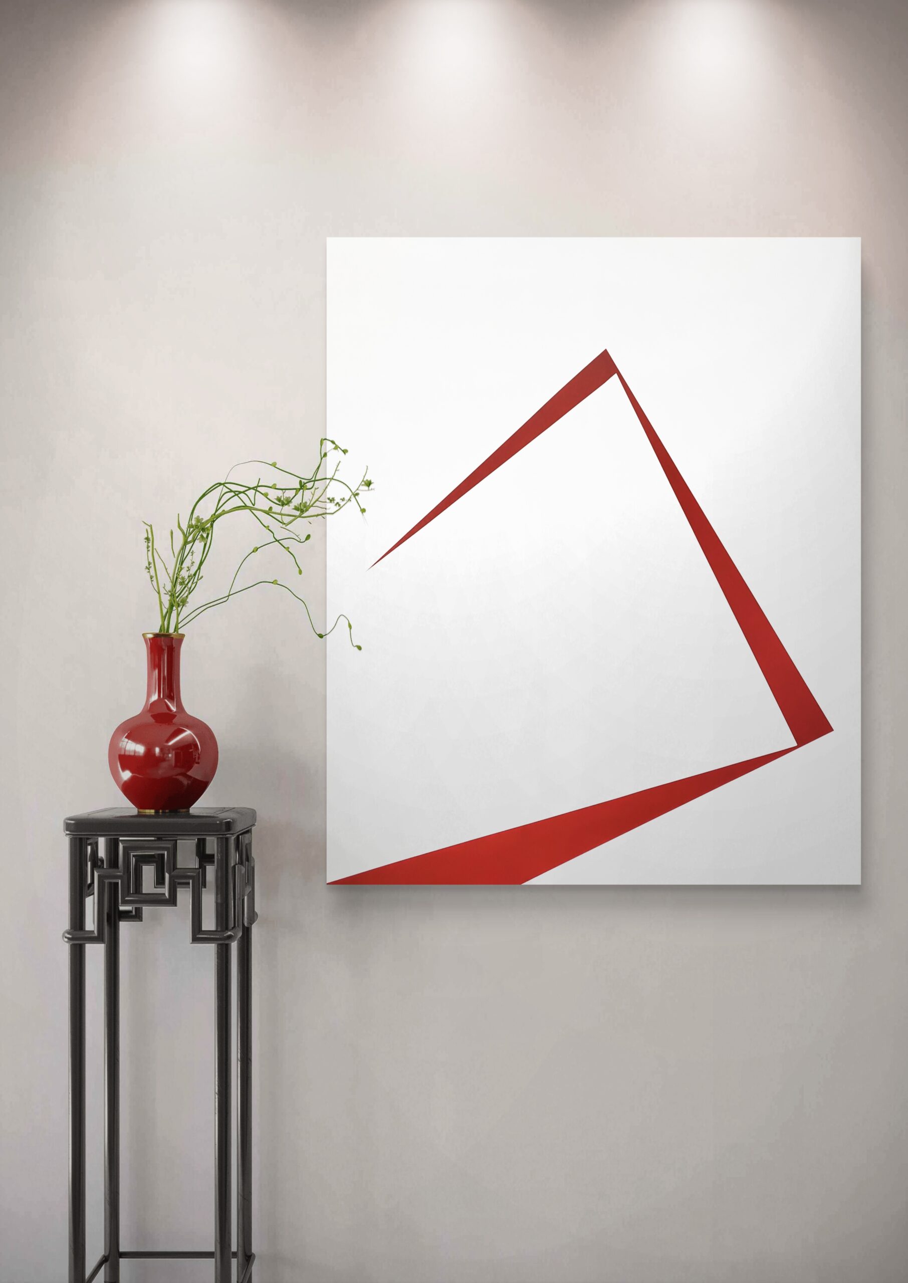 Minimalist abstract art with blue, black, and white geometric shapes and a central gold-textured crack by Veronika Obushikhina, displayed above a rustic wooden bench