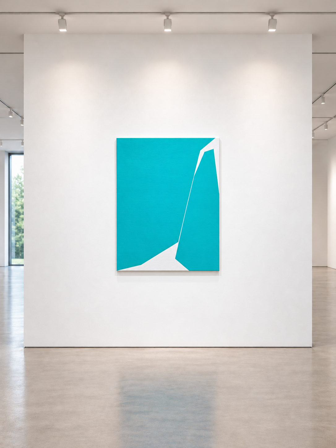 Minimalist abstract art with blue, black, and white geometric shapes and a central gold-textured crack by Veronika Obushikhina, displayed above a rustic wooden bench