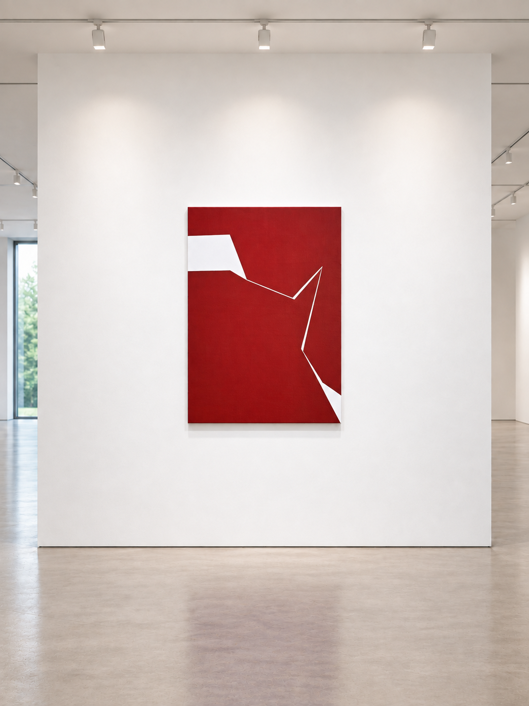 Minimalist abstract art in orange and white by Veronika Obushikhina hanging above a modern wooden bench