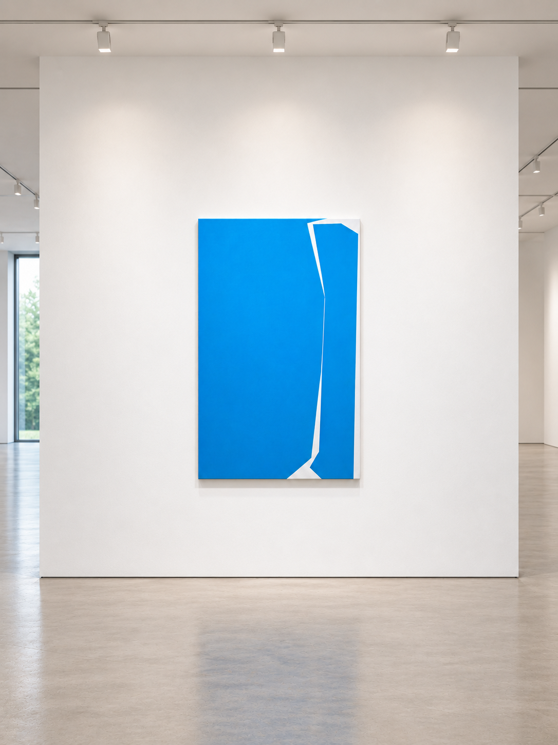 Minimalist abstract art in blue and red by Veronika Obushikhina displayed in a modern gallery with a contemporary sculpture